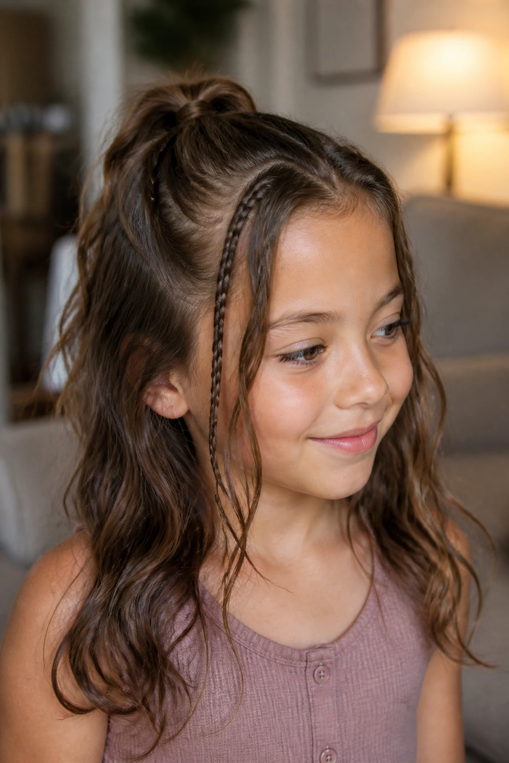 Close-up of real child with tiny braids near the face in a half-up style