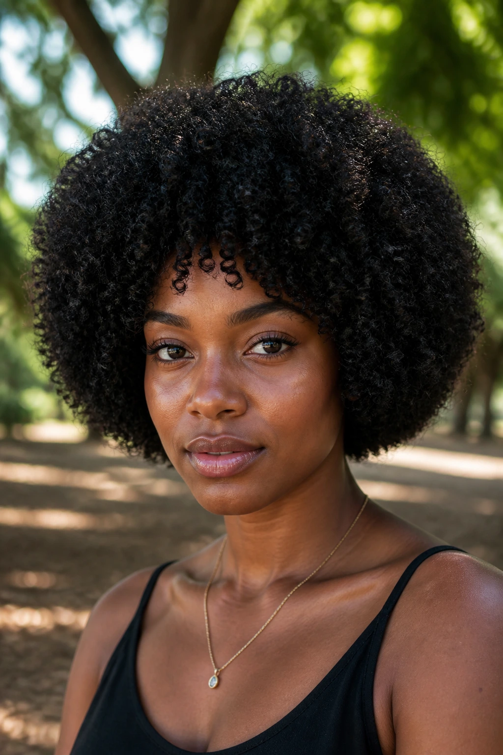 Close-up of a woman with a mini Afro bob and soft round perimeter