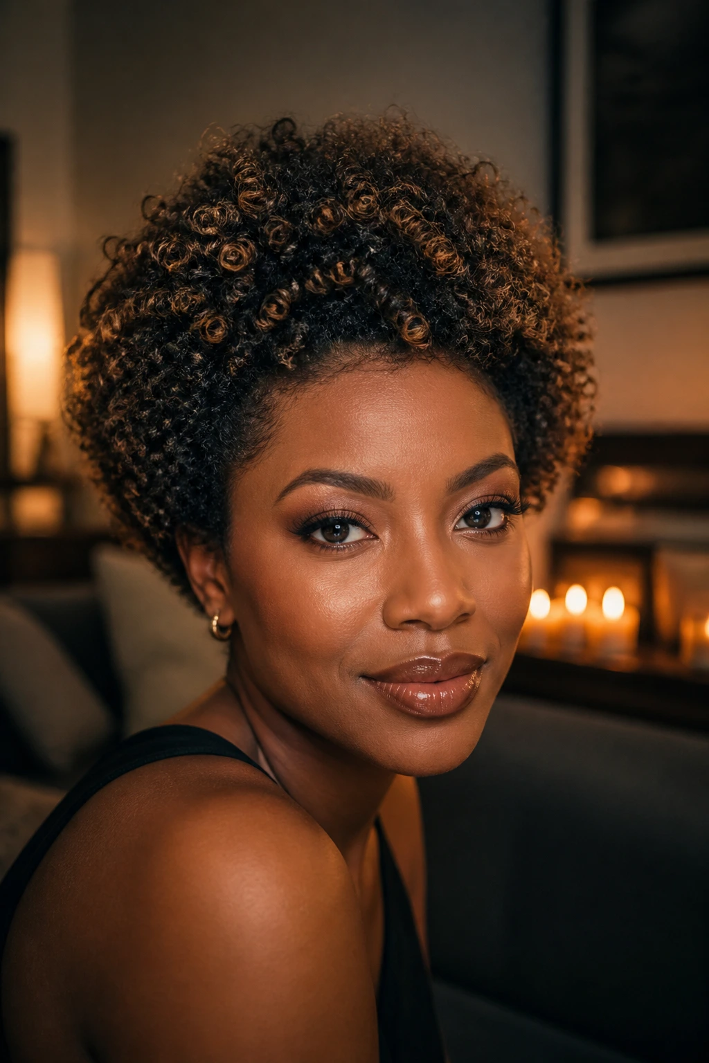 Close-up of a real woman with a mini afro and cinnamon babylights in candlelight