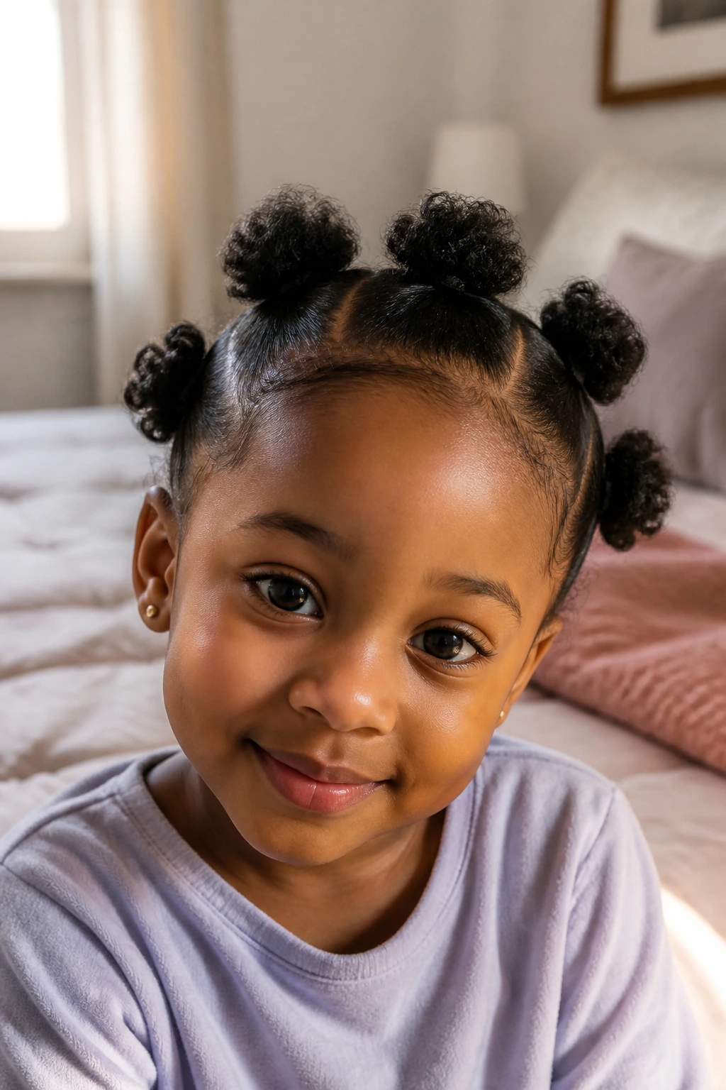Close-up of a girl with mini afro puffs hairstyle in a cozy room