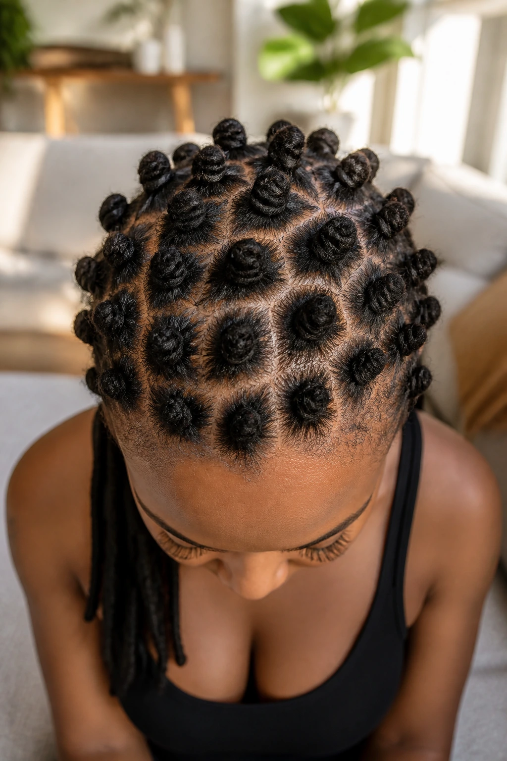 Top-down view of a real woman's crown with walnut-sized mini bantu knots in rows.