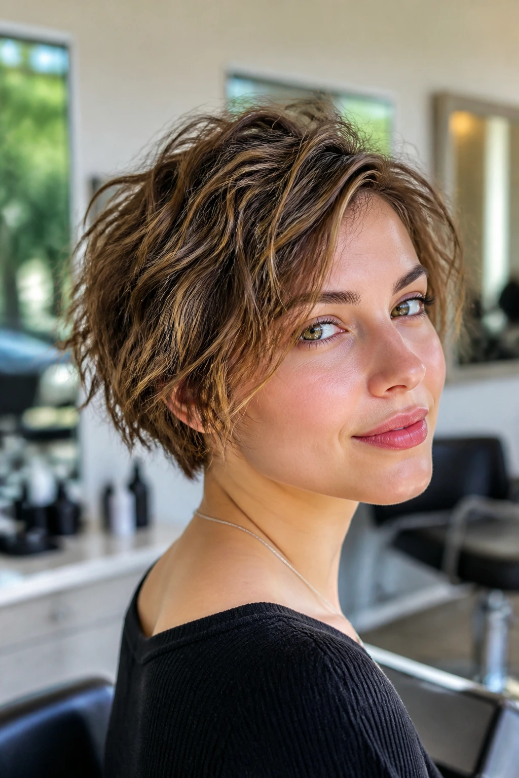Close-up of a real woman with short fine hair textured with mini barrel curls