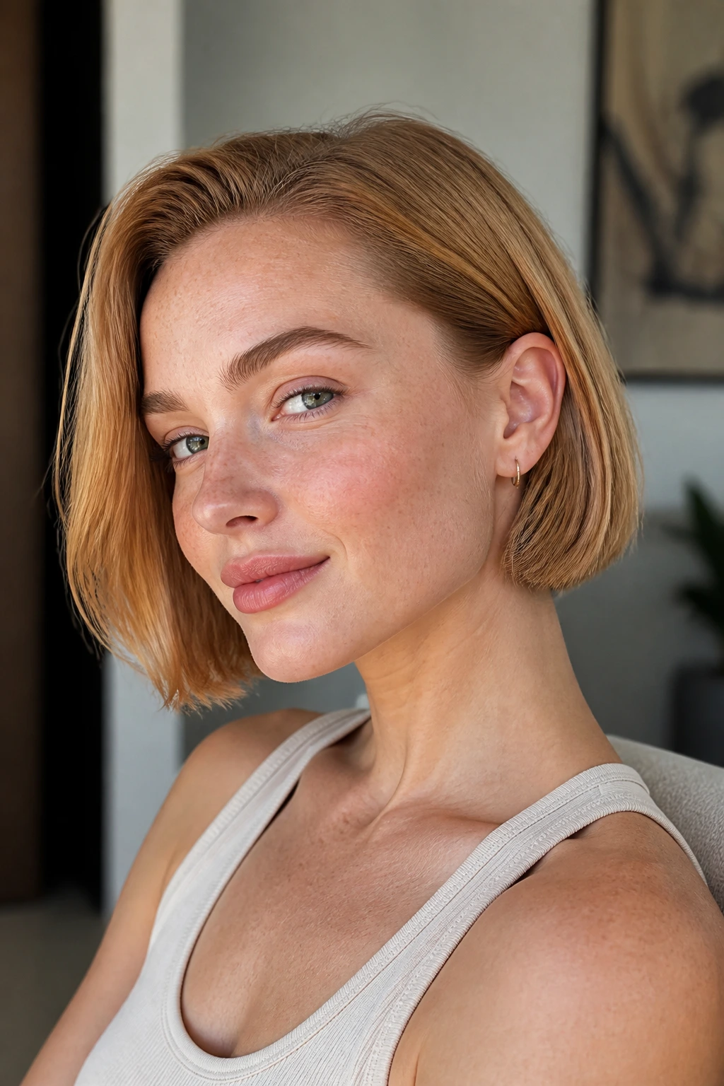 Close-up of real woman with tucked-behind-the-ear mini bob in strawberry blonde