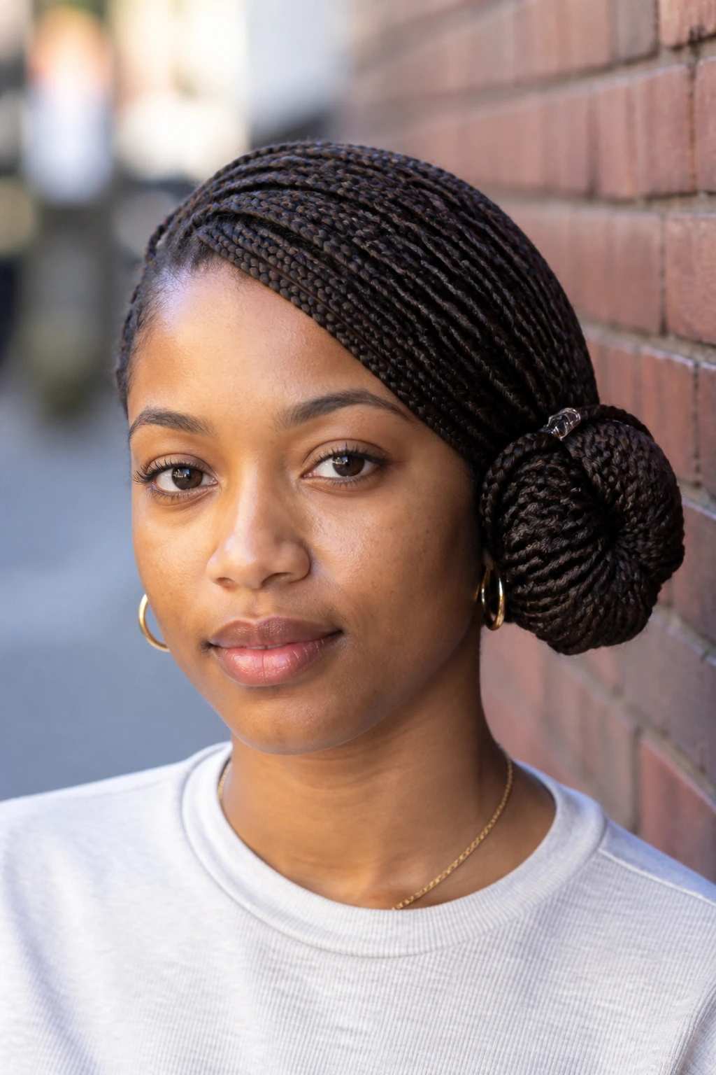 Real person with mini box braids piled at one ear