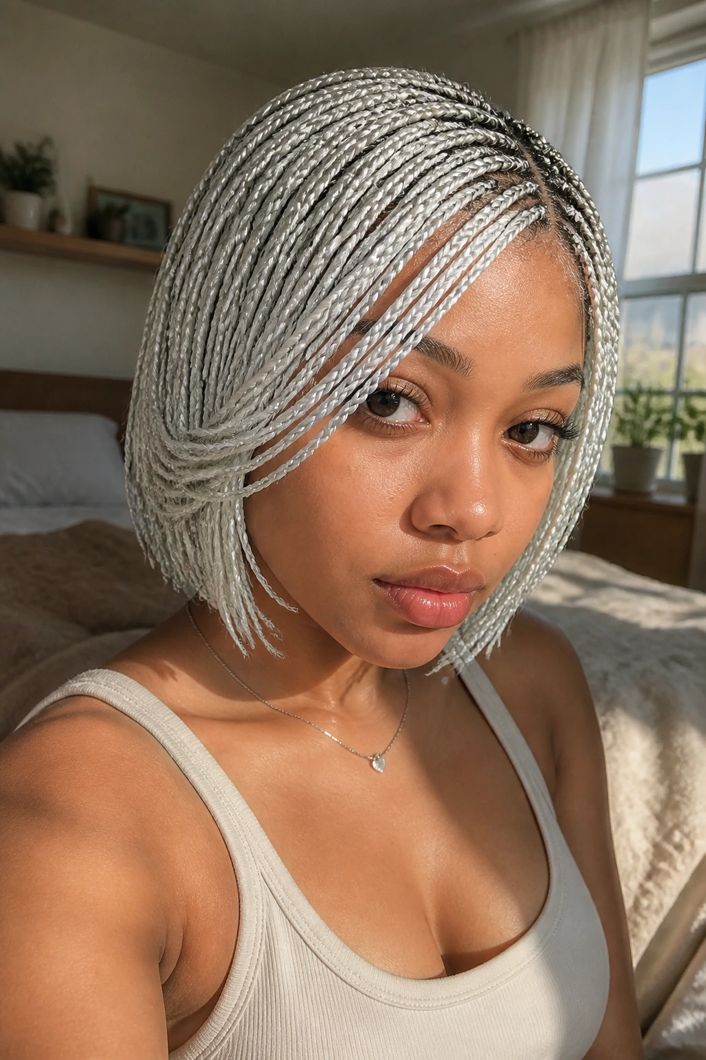 Close-up portrait of a real person with mini box braids face-frame sweep