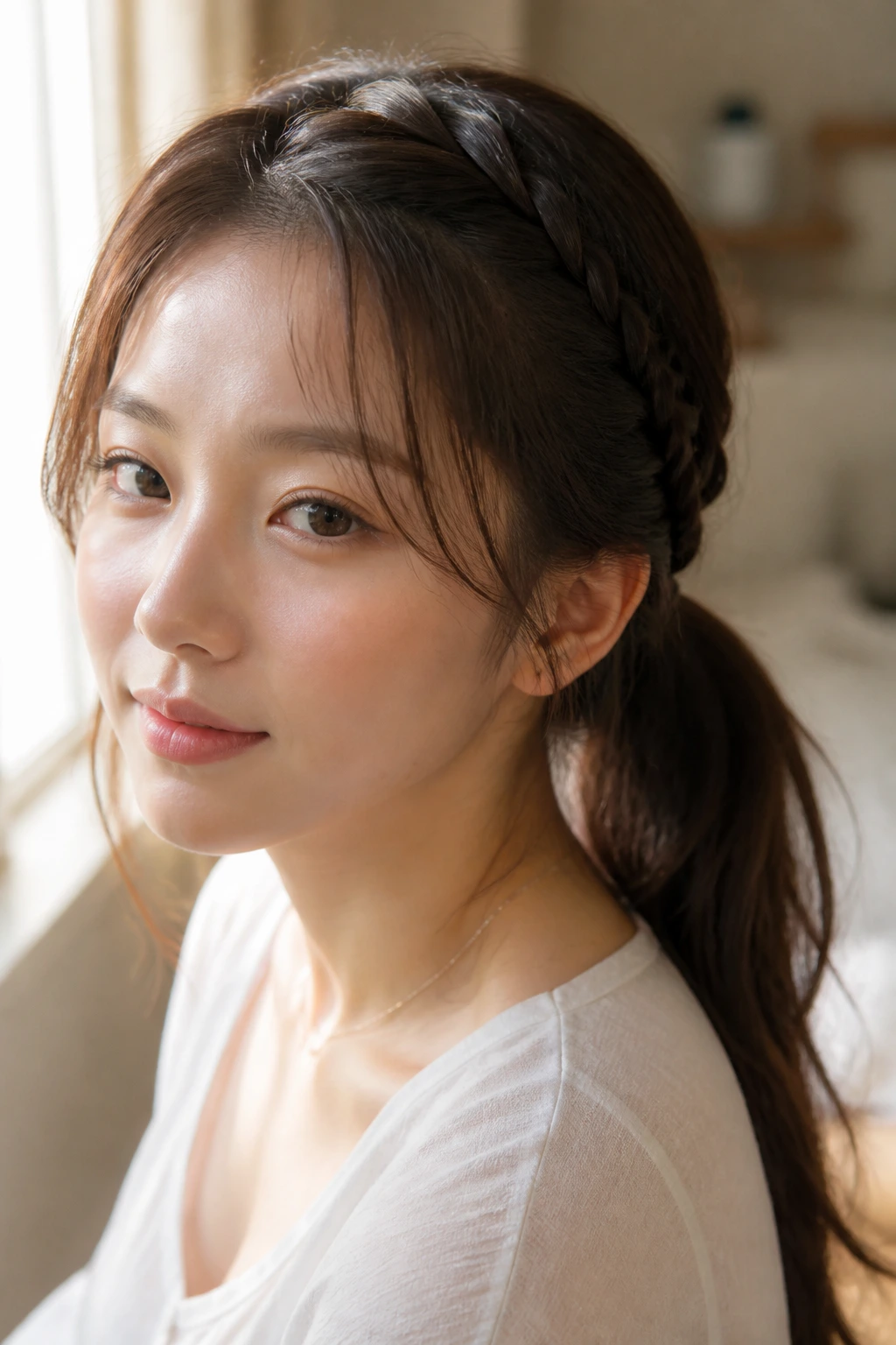 Close-up of a real woman wearing a mini braided crown merged into a low ponytail