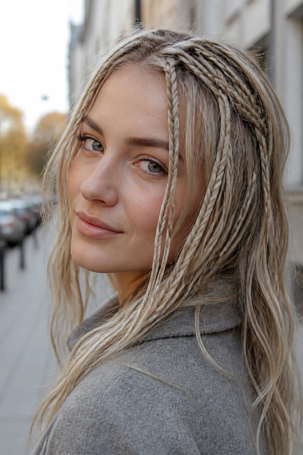 Close-up of a real woman with mini braids in ash blonde hair