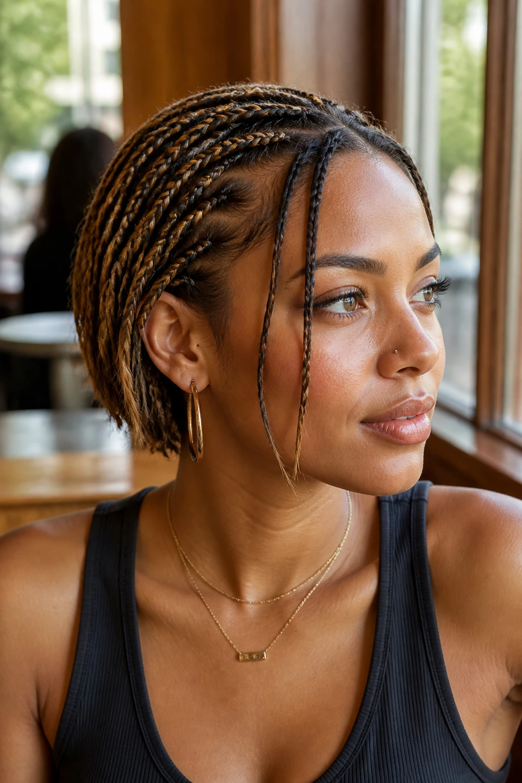 Close-up of short hair with mini braids and face-framing pieces in caramel highlights