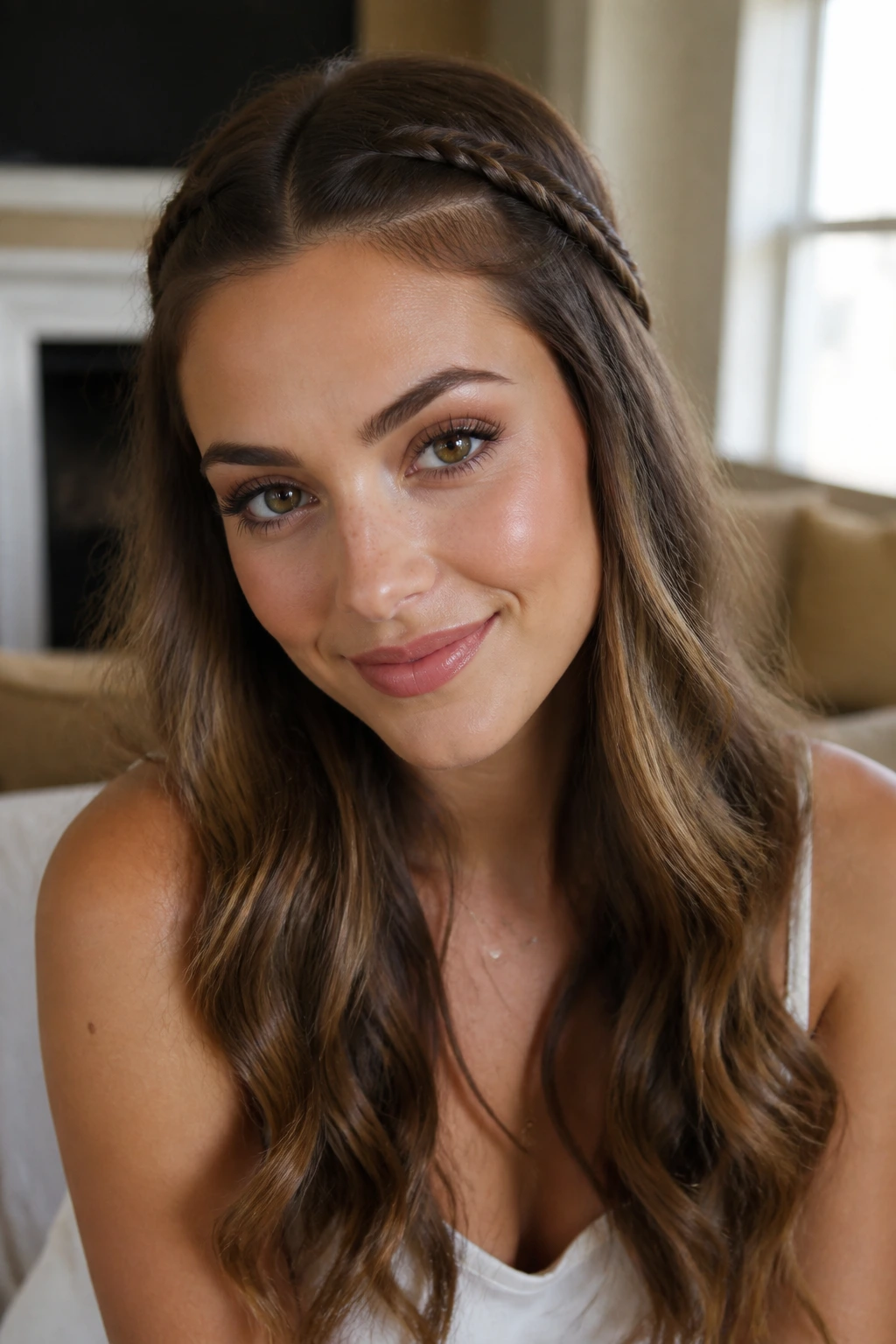 Close-up of a real woman with two small front braids and loose hair.