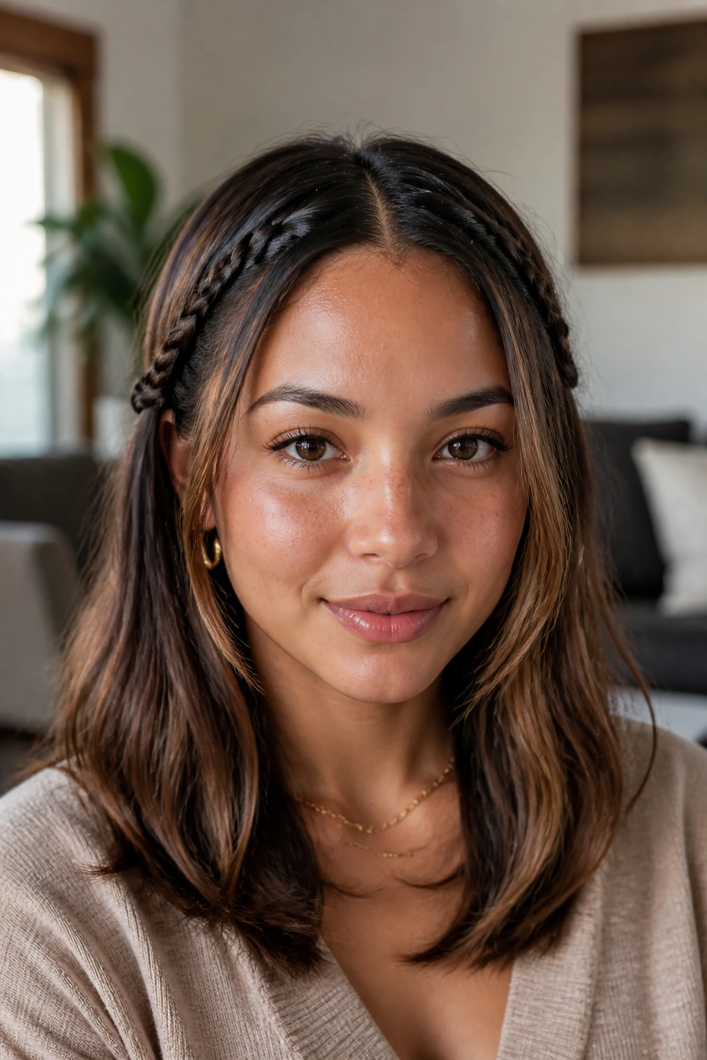 Close-up of two tiny braids at the temples with hair down