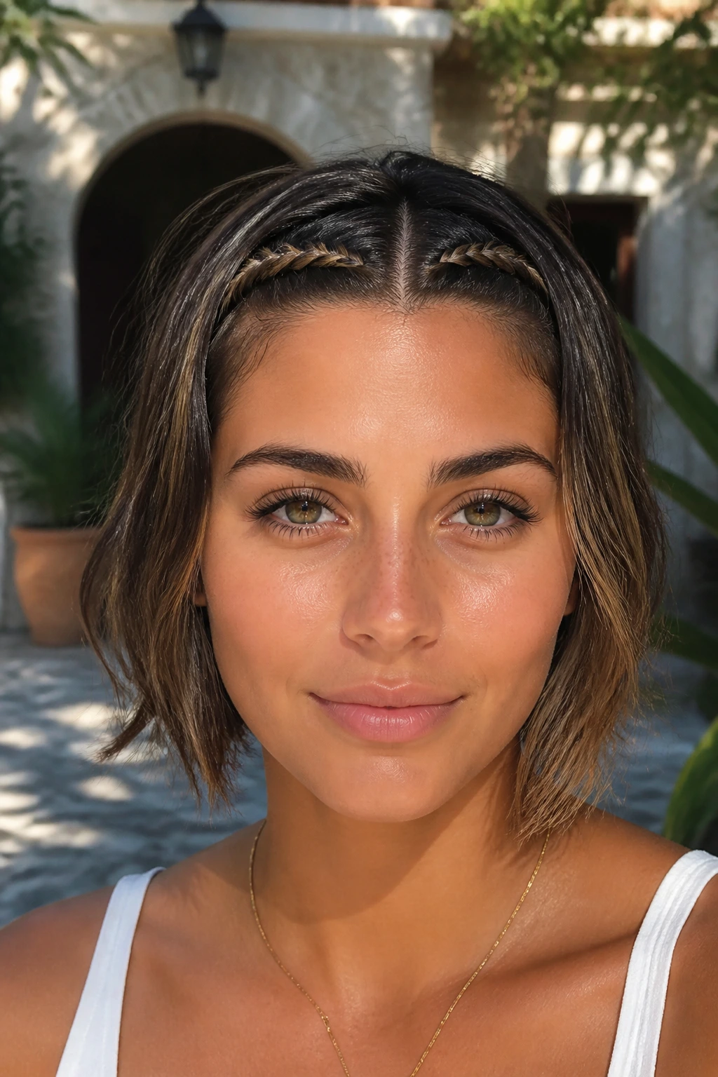 Close-up of real person with mini braids at the hairline and loose hair with lowlights.