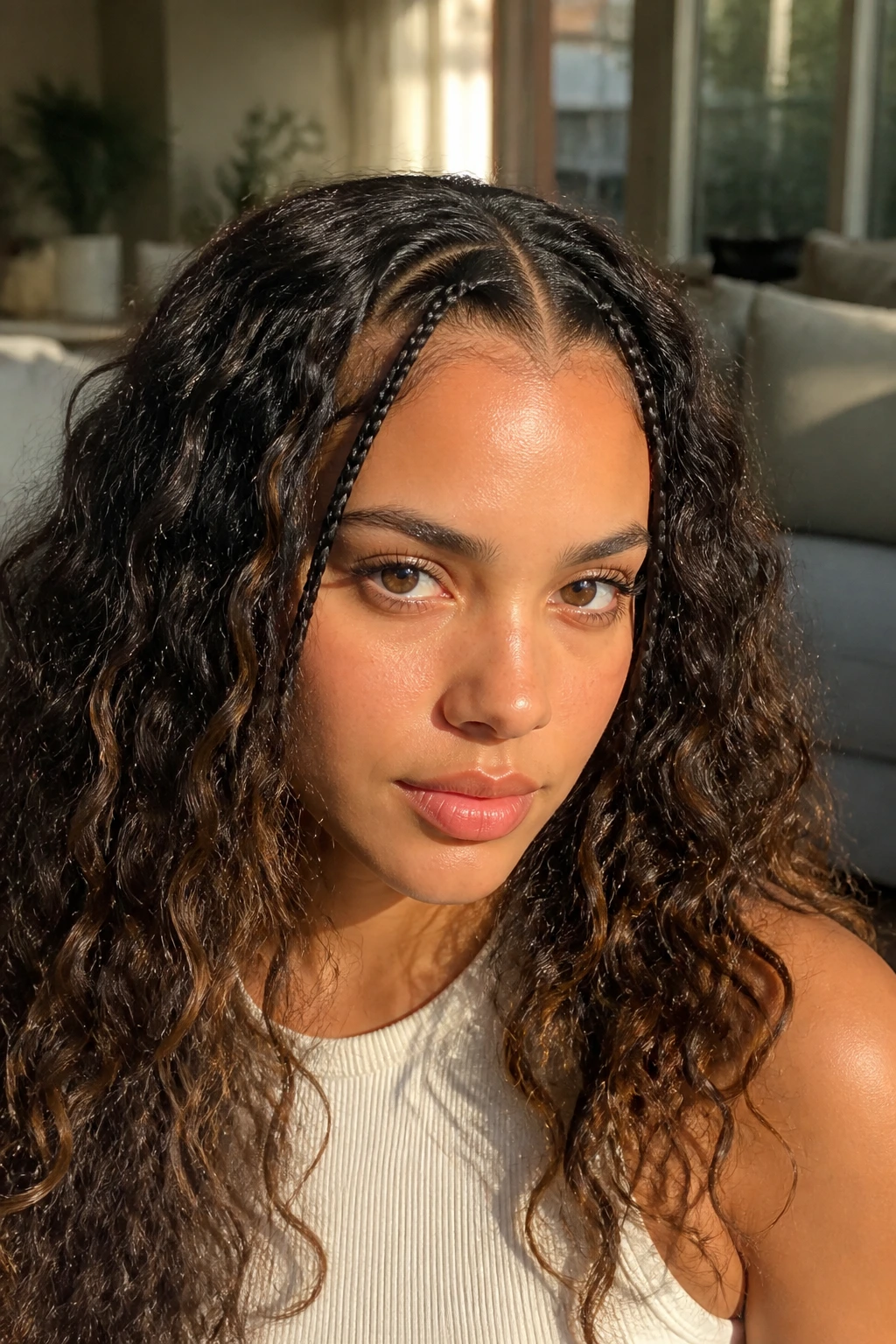 Real woman with mini braids at the hairline and soft waves