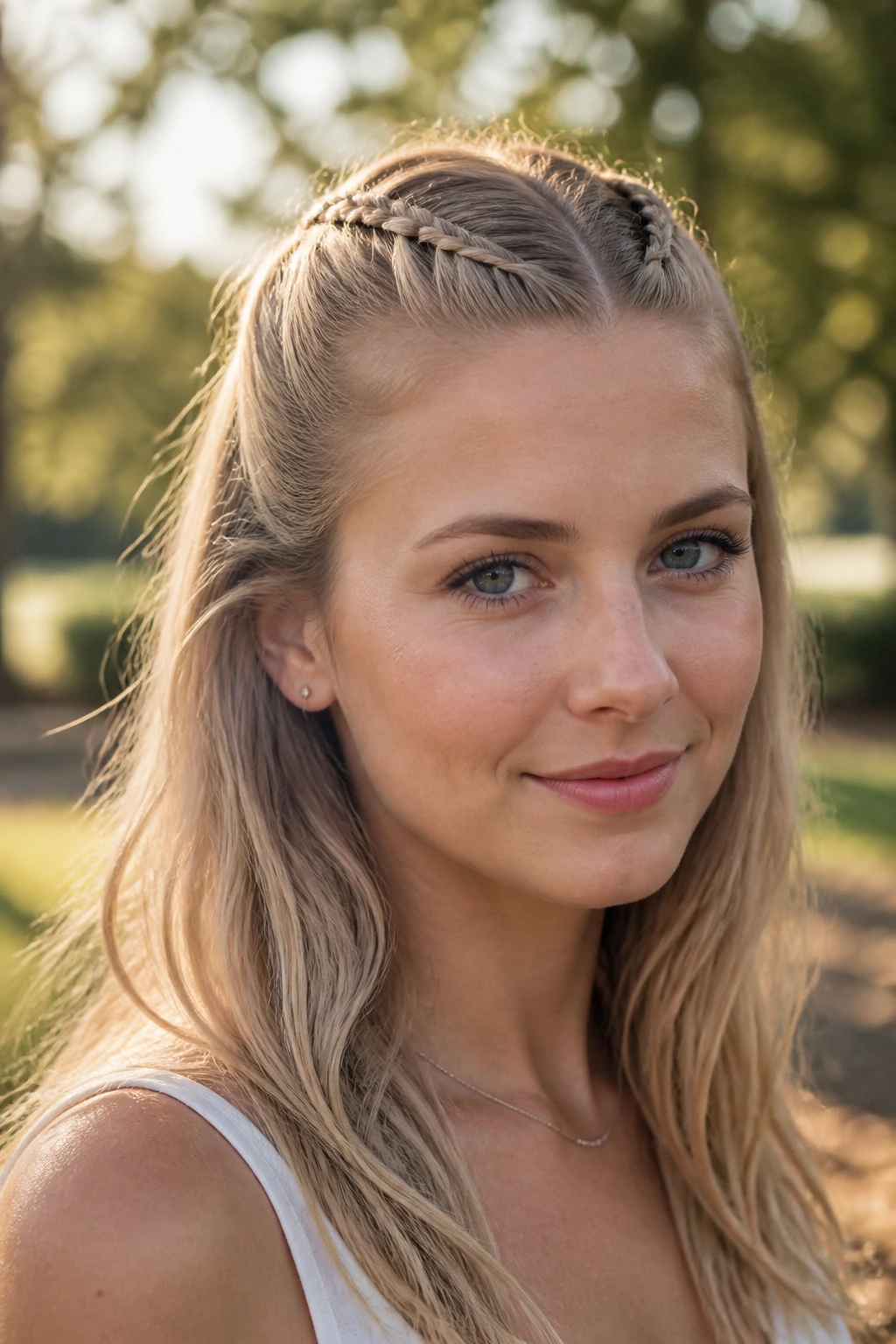 Two small braids pulled back into a half-up hairstyle on a real person