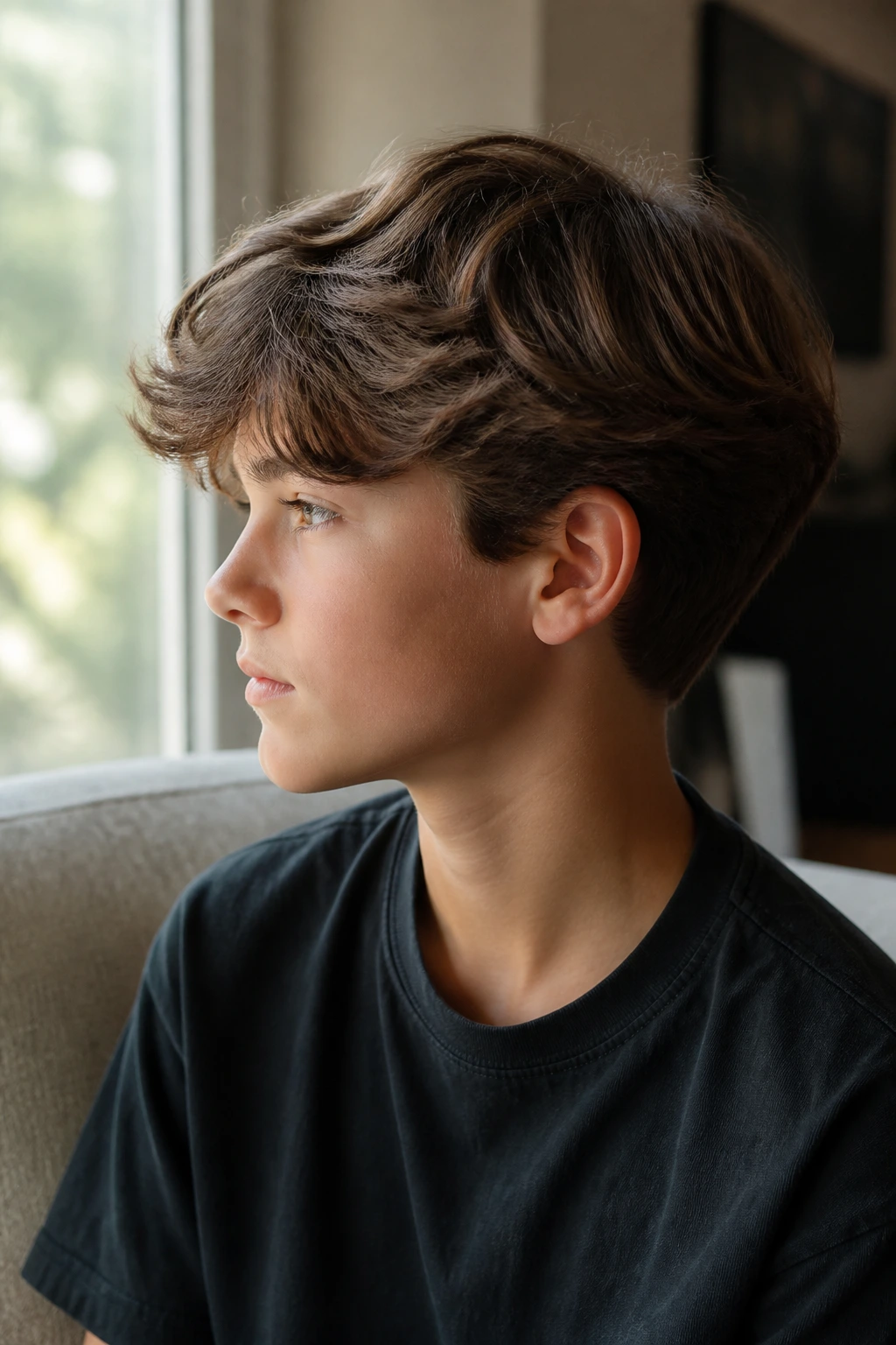 Close-up of a real boy with mini bro flow and tapered neckline in window light
