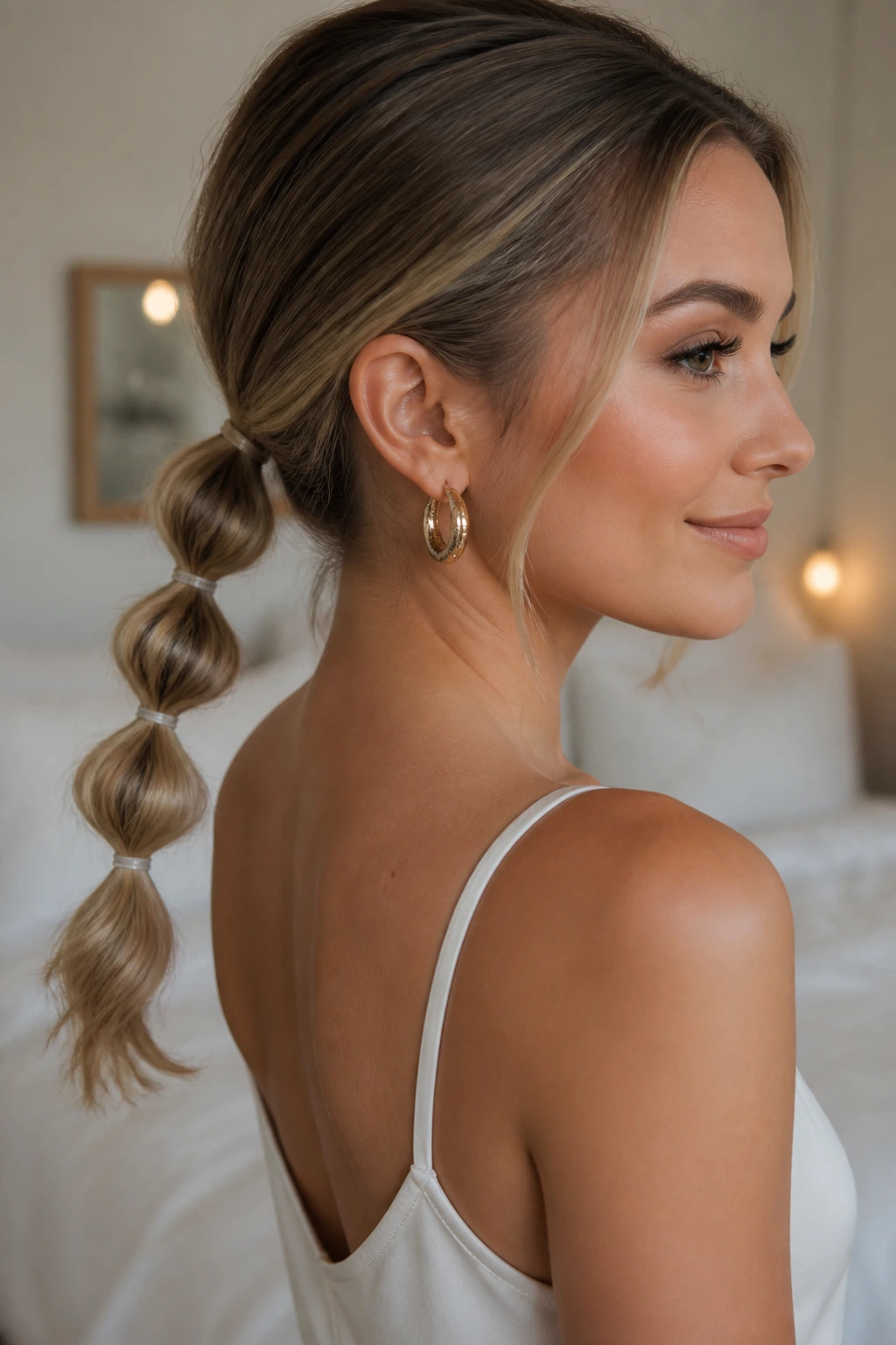 Real woman with a mini bubble ponytail showing small linked bubbles