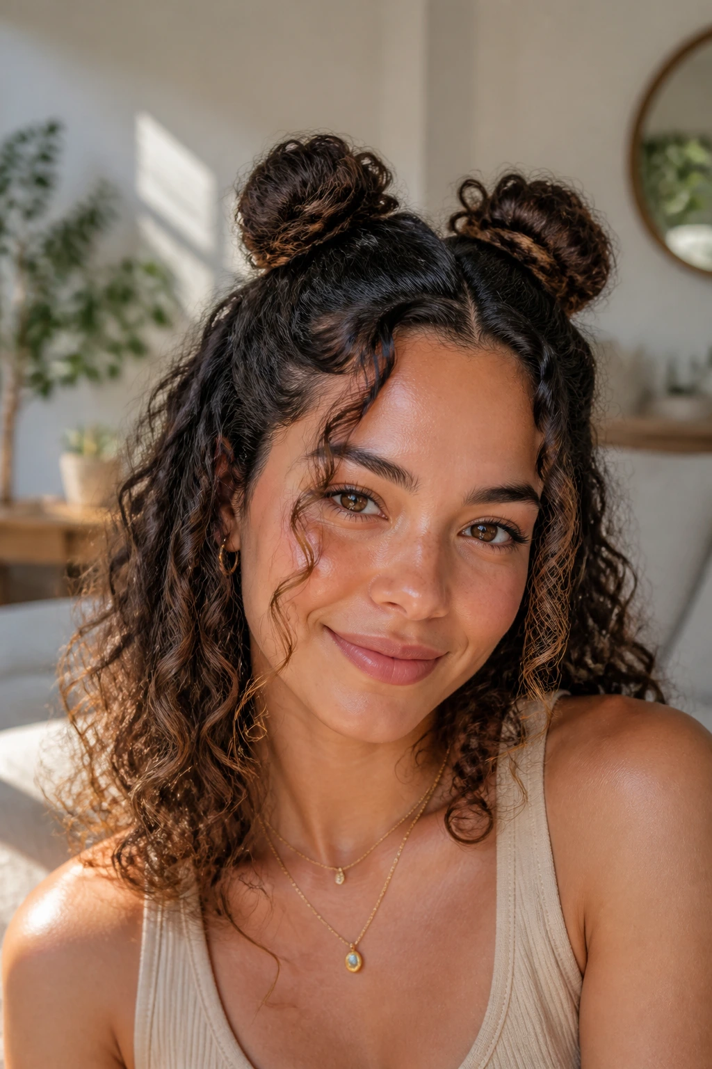 Close-up of a real woman with two mini buns at the crown and loose curls around the face
