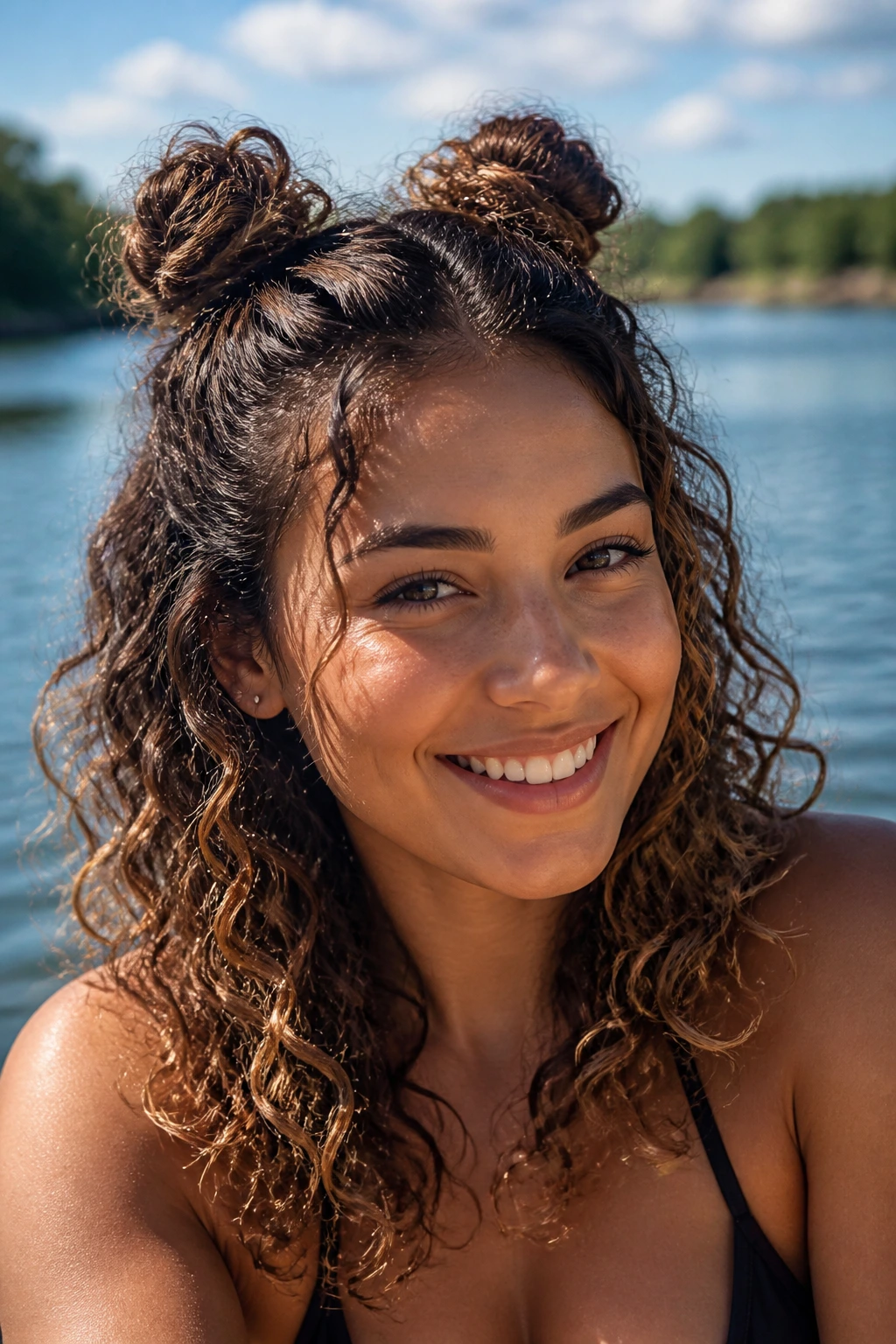 Close-up of a real woman with half-up mini buns and loose ringlets by a lake