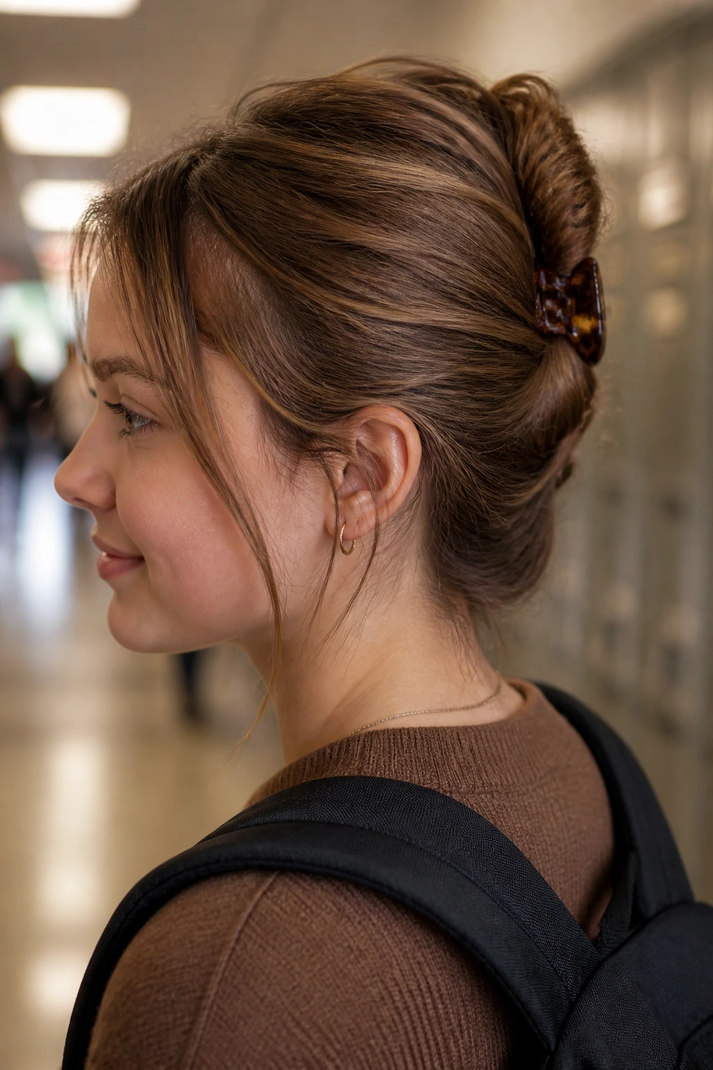 Close-up portrait of a real person with a mini claw clip French twist secured at the back of the head