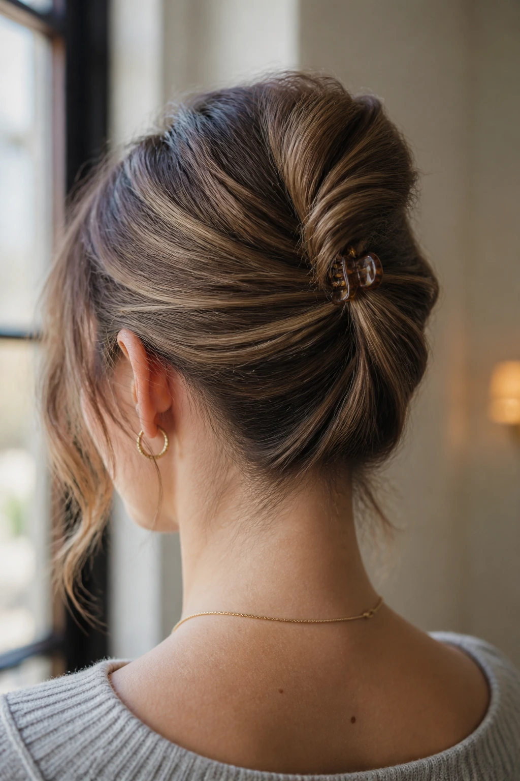 Close-up of mini claw-clip French twist at the nape with open nape
