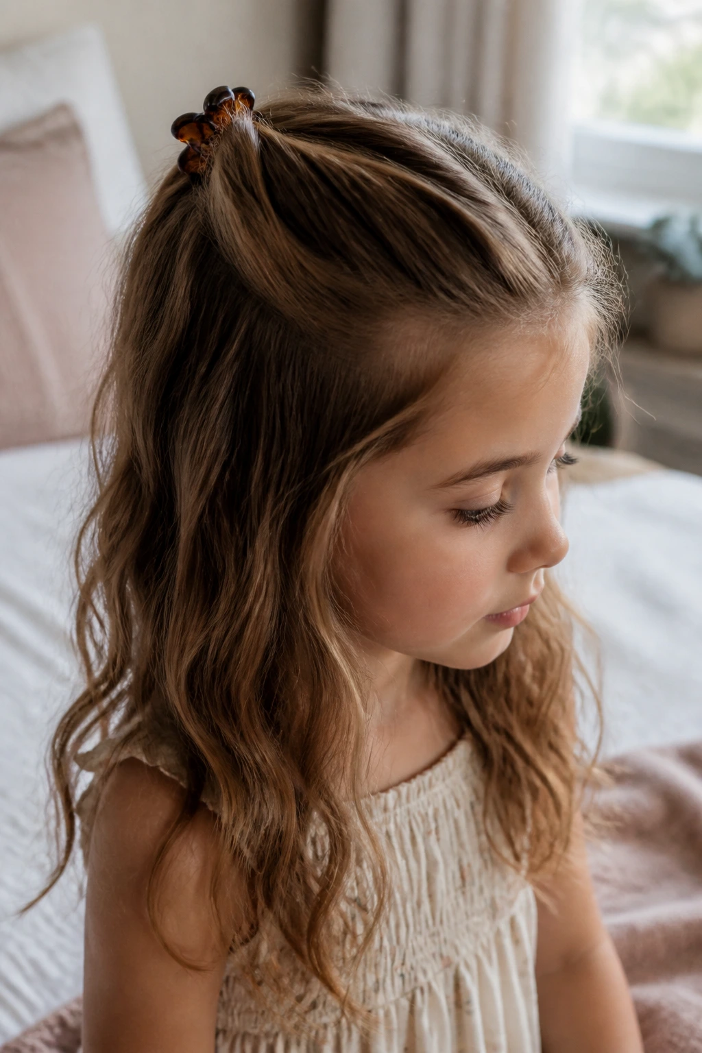Close-up of a real child with a mini claw-clip half-up hairstyle