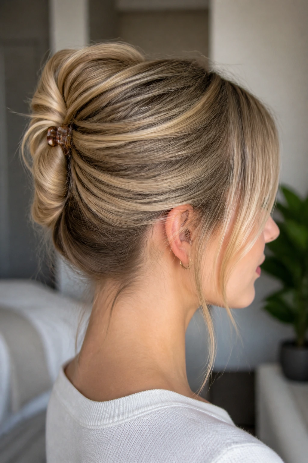 Close-up portrait of a real woman with a mini claw clip French twist