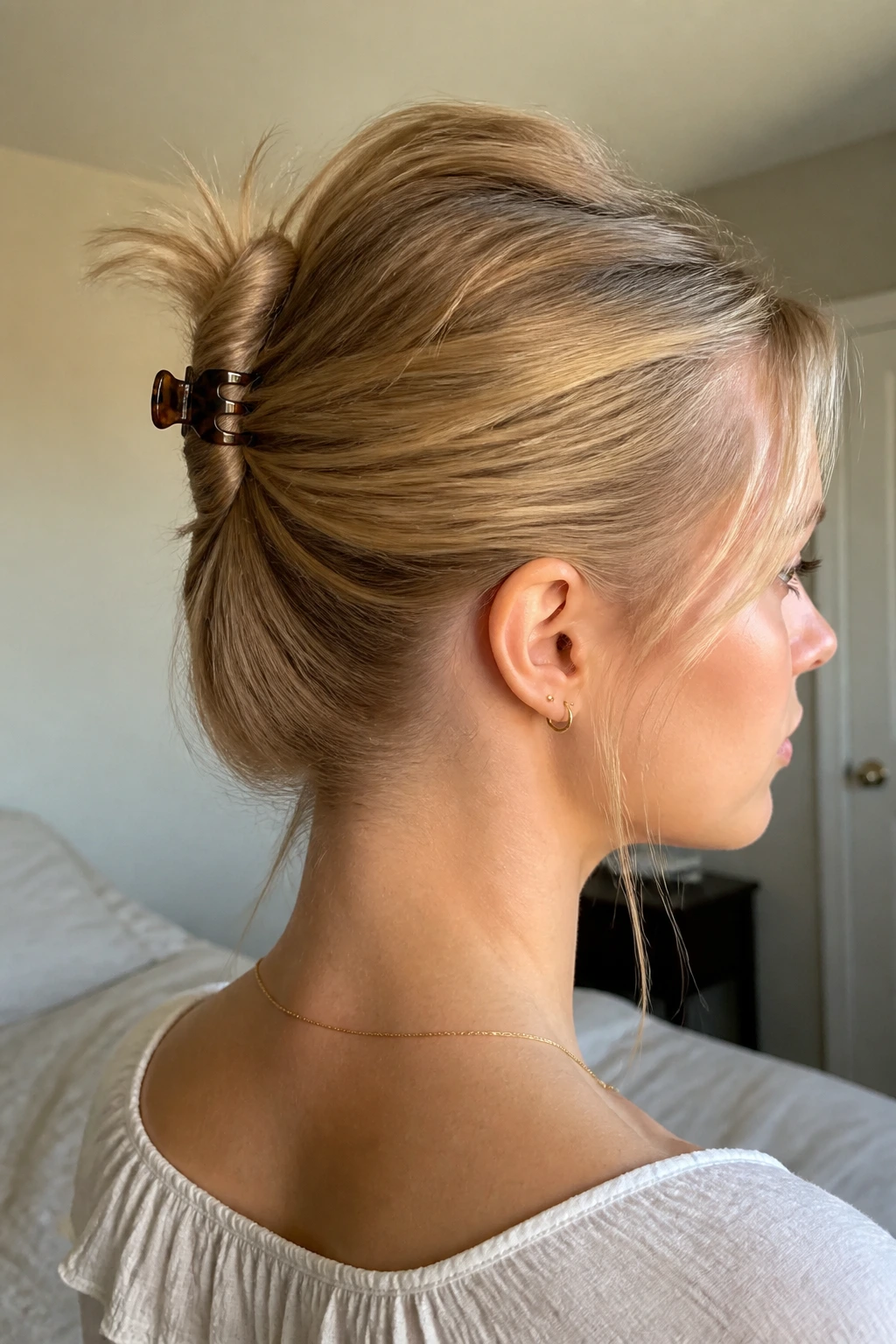 Close-up of a real girl's head showing a mini claw-clip twist secured at the back