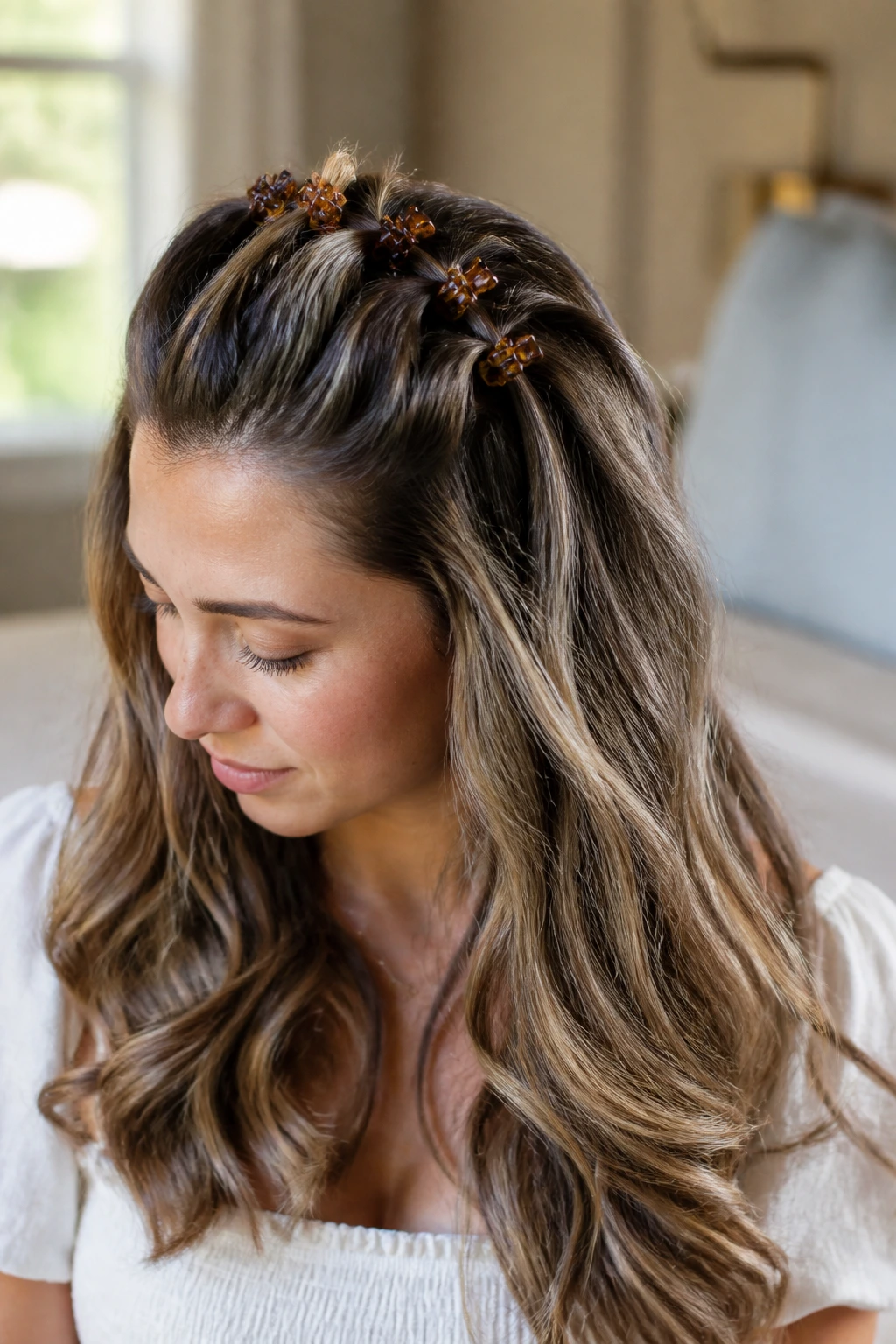 Real woman showing a row of mini claw clips across the crown.