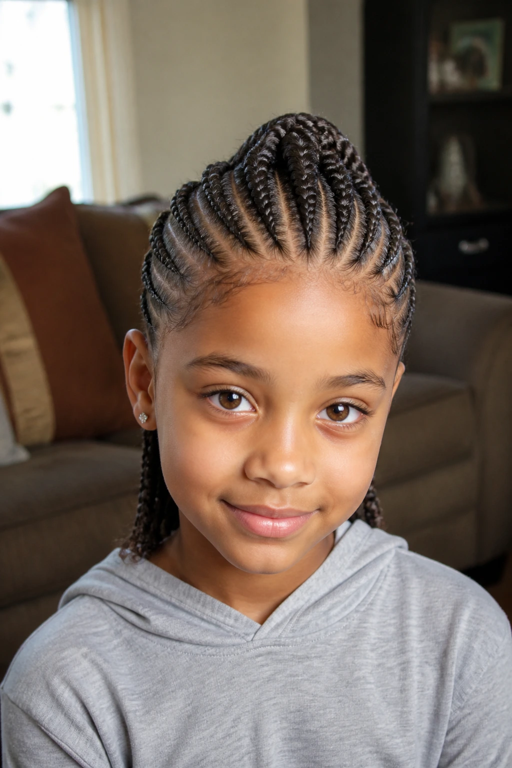 Close-up of a real girl with tiny cornrows forming a center ridge.