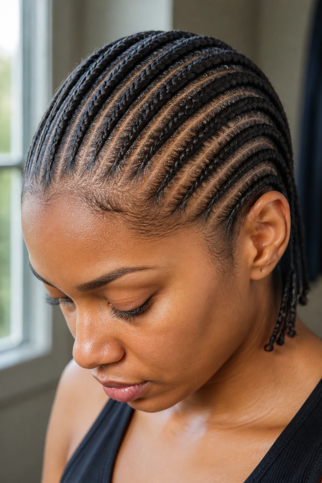 Close-up of straight-back mini cornrows on a real person.