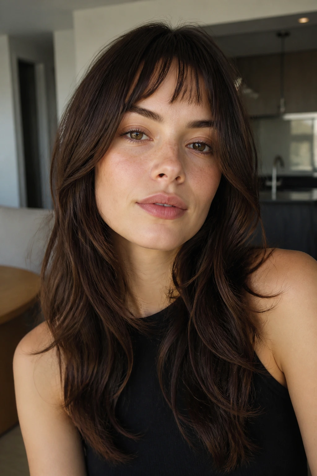 Portrait of a woman with mini crescent bangs and face layers in a modern home