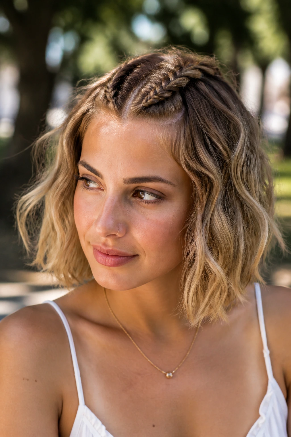 Portrait of a woman with two crown braids and loose waves