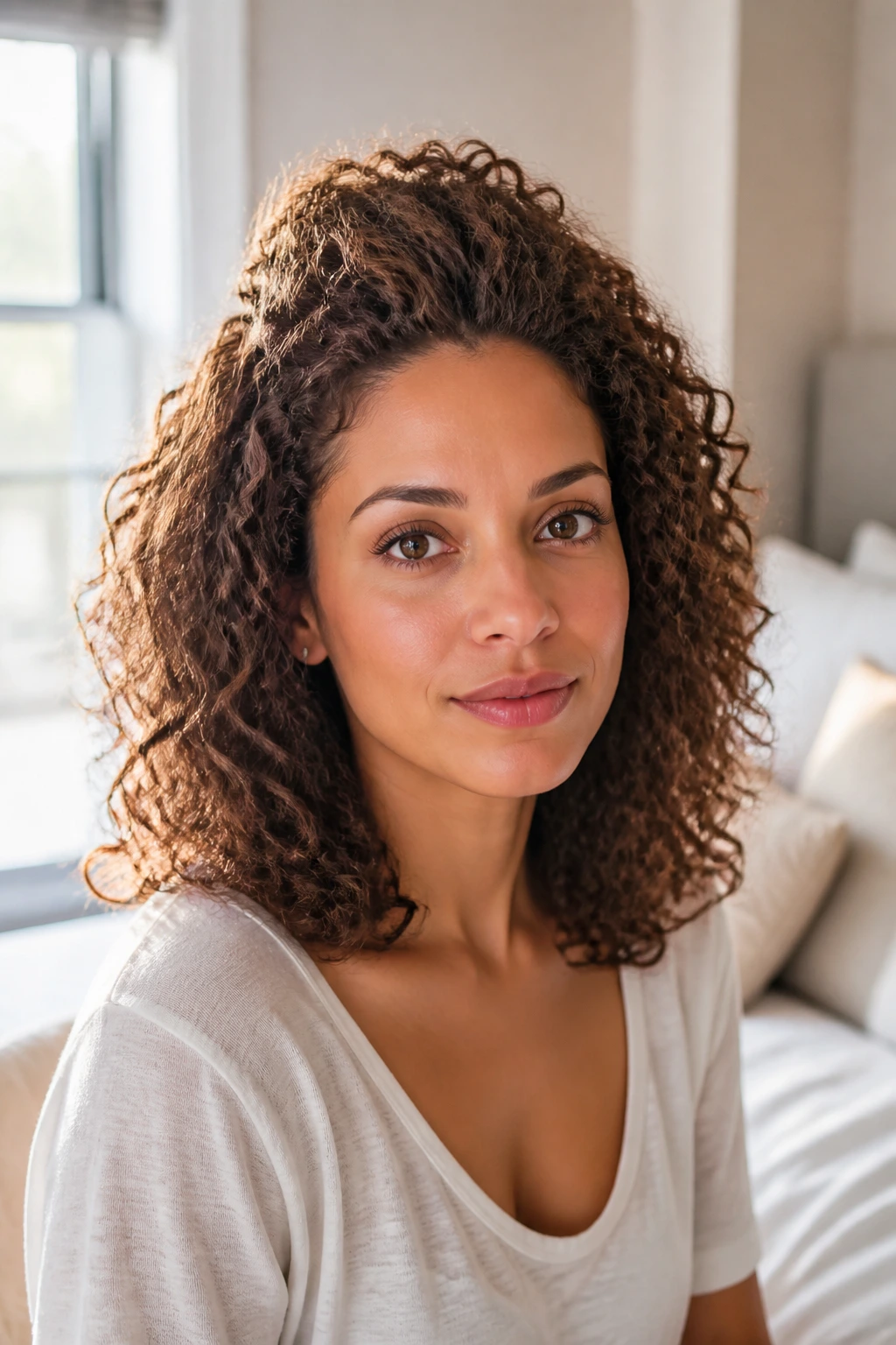 Close-up of a real woman with a tiny crown puff in curly hair