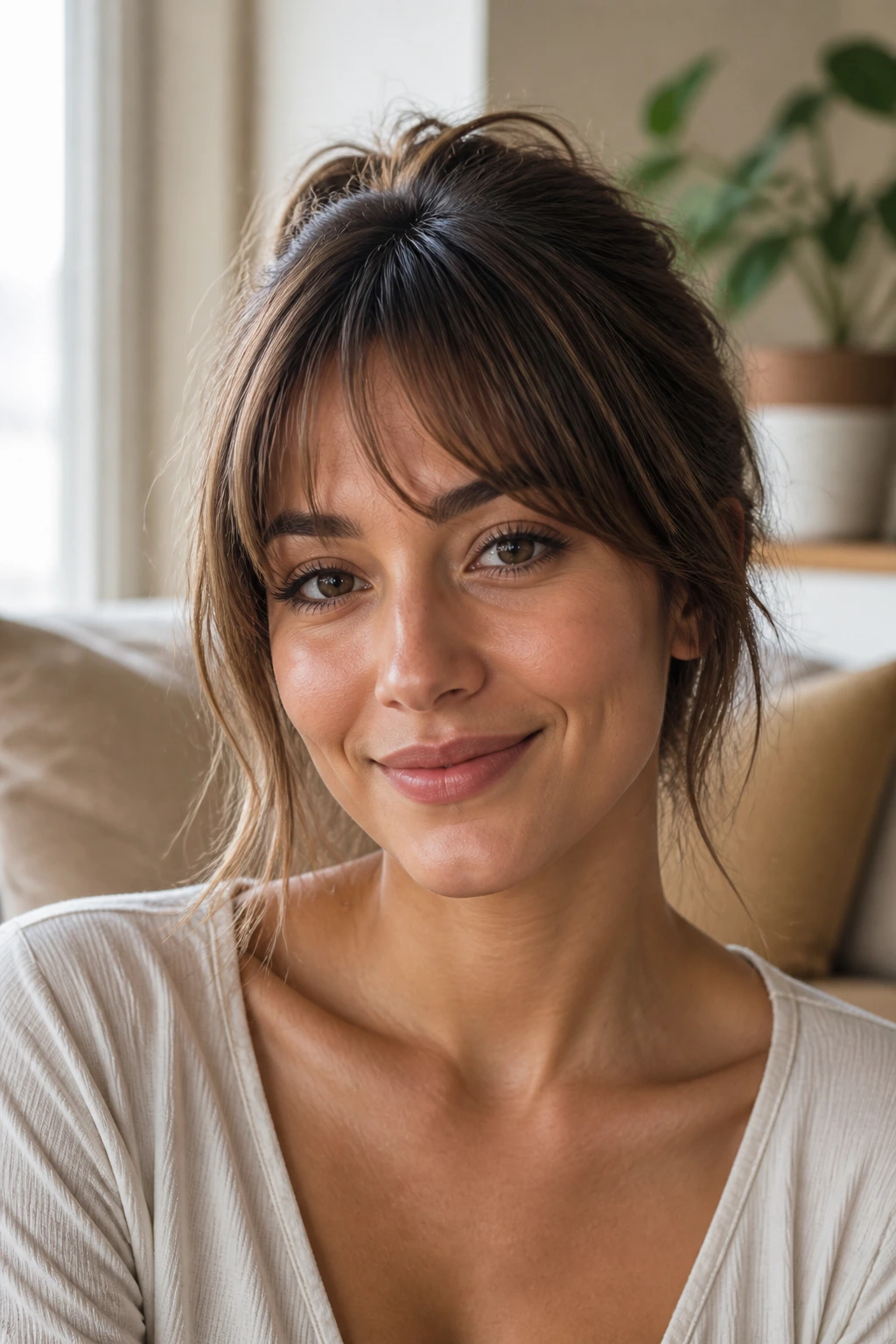 Close-up portrait of a real woman with mini curtain bangs and lifted crown