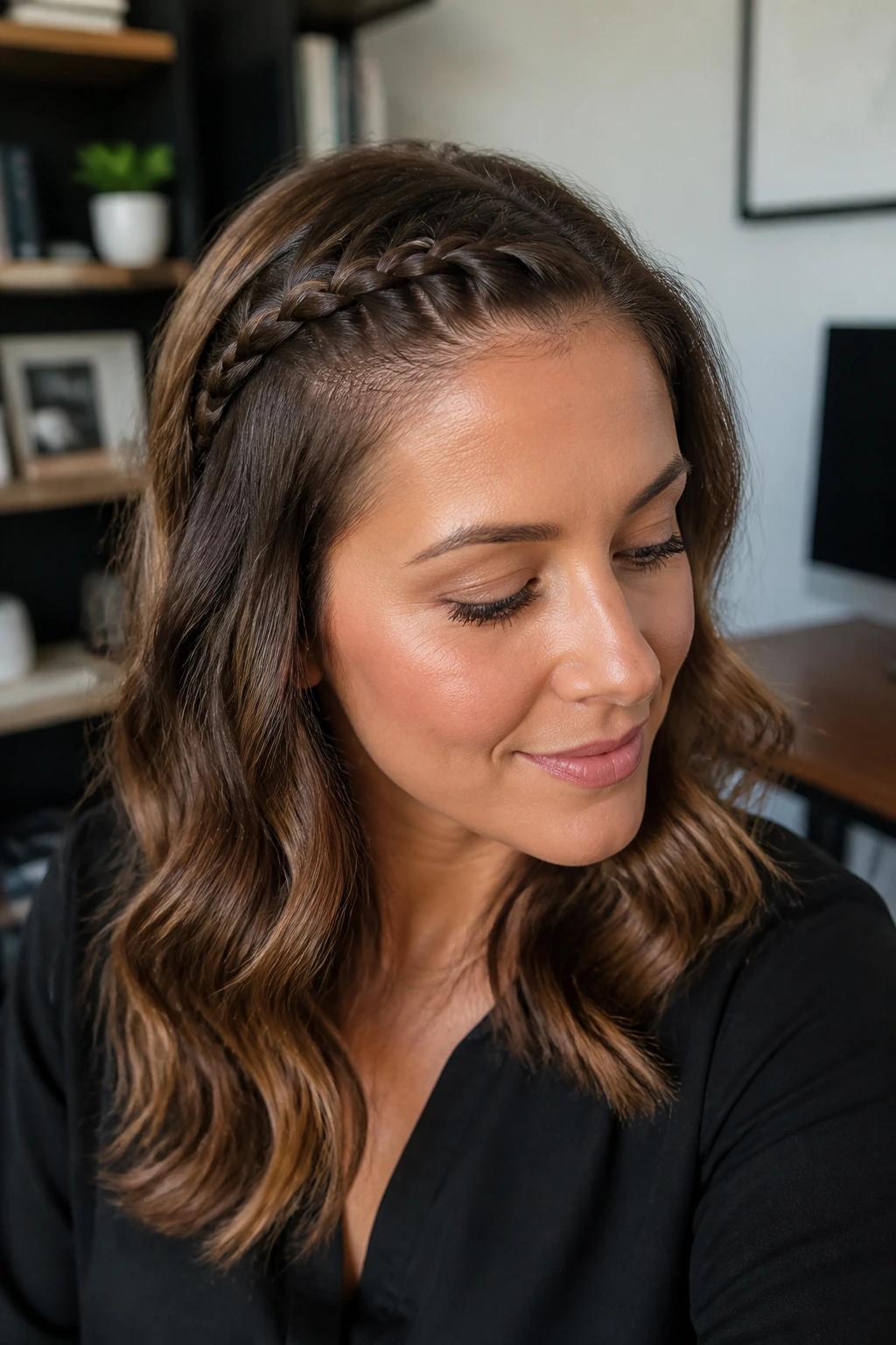 Close-up of a real woman with a mini Dutch braid along the hairline and loose waves