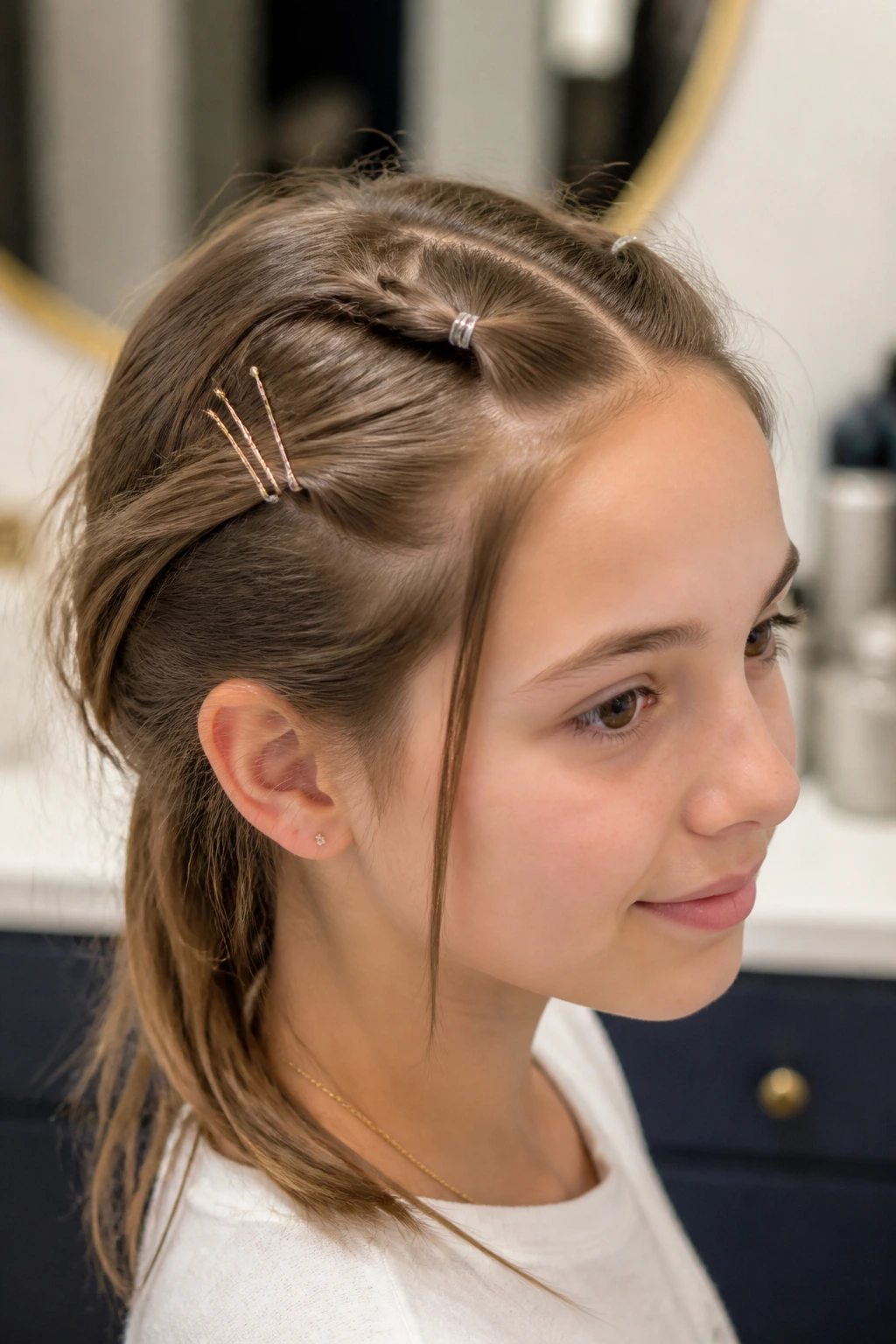 Real person with hair secured by tiny elastics and pins.