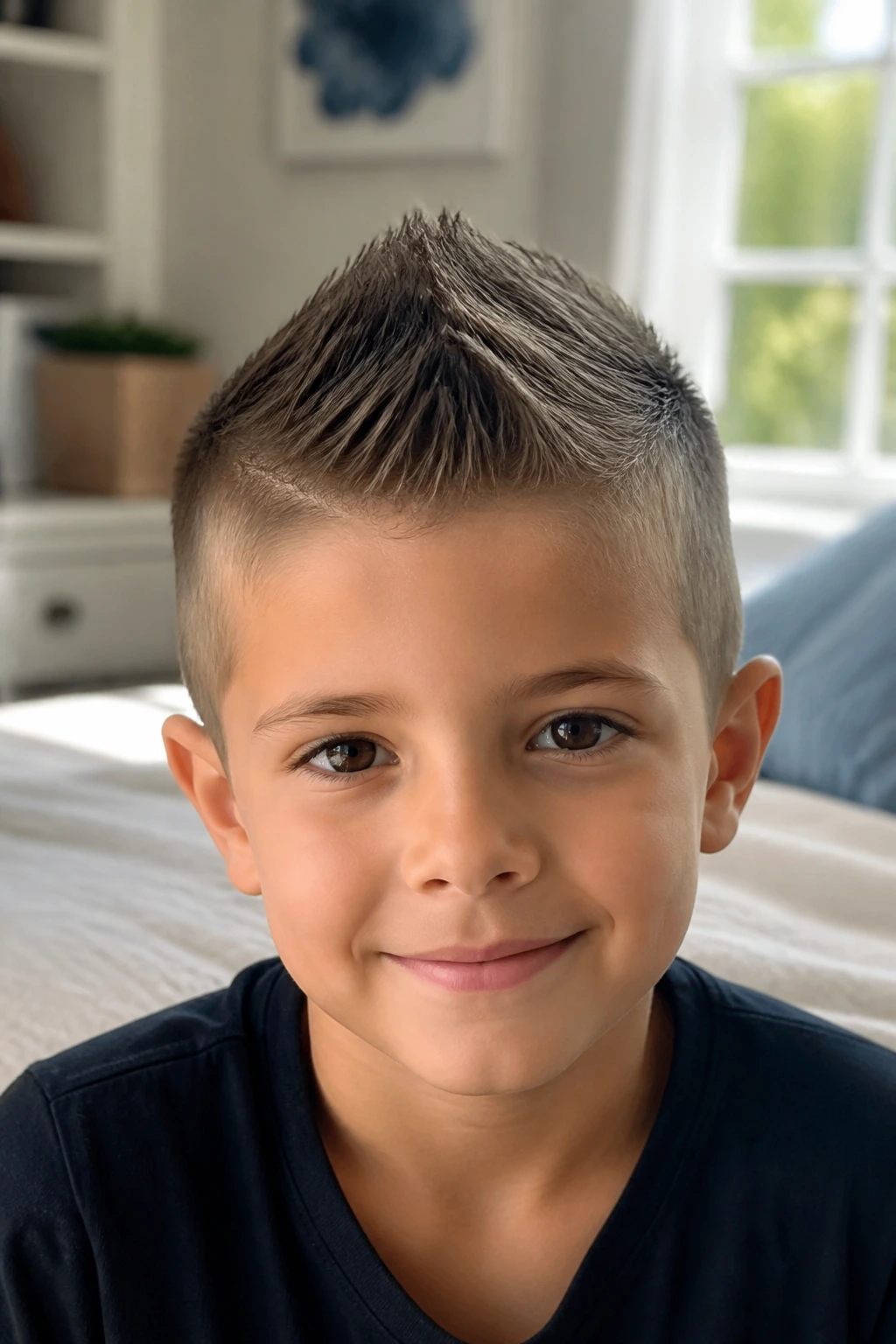 Close-up of a real little boy with a mini Eurohawk haircut