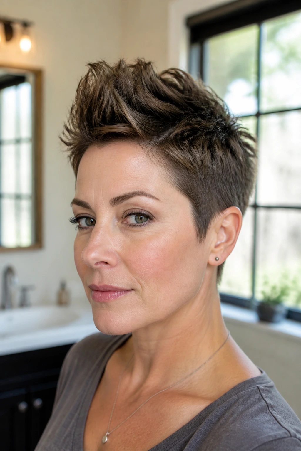 Close-up of a real person showing a mini faux hawk crown height on short waves
