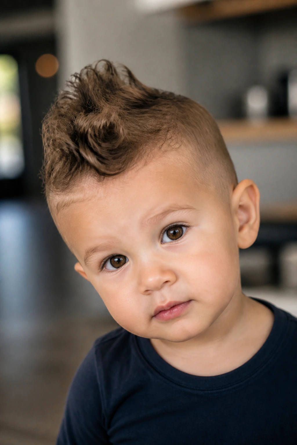 Toddler boy with mini faux hawk pixie, top ridge of curls, sides trimmed, warm indoor light.