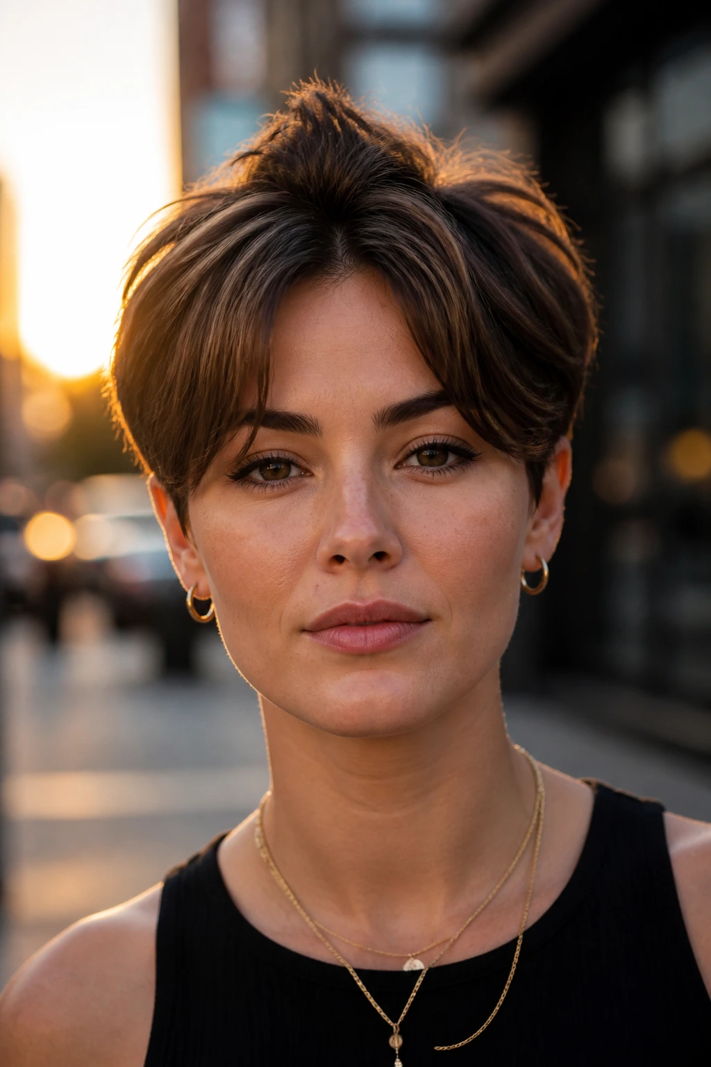 Close-up of a person with a tiny faux hawk and curtain bangs in golden hour city light