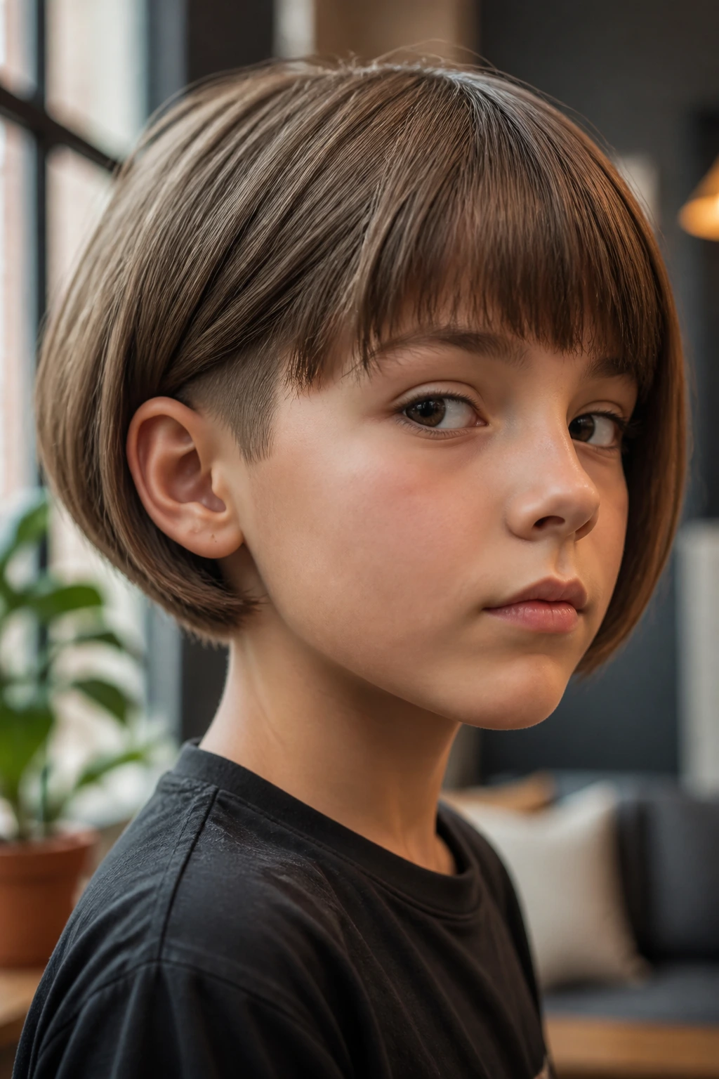 Close portrait of a boy with a mini French bob and rounded weight