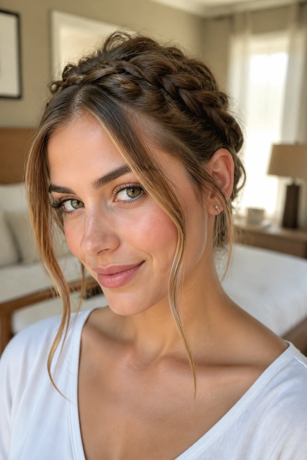 Close-up of a real woman with a mini French braid crown and loose face-framing pieces