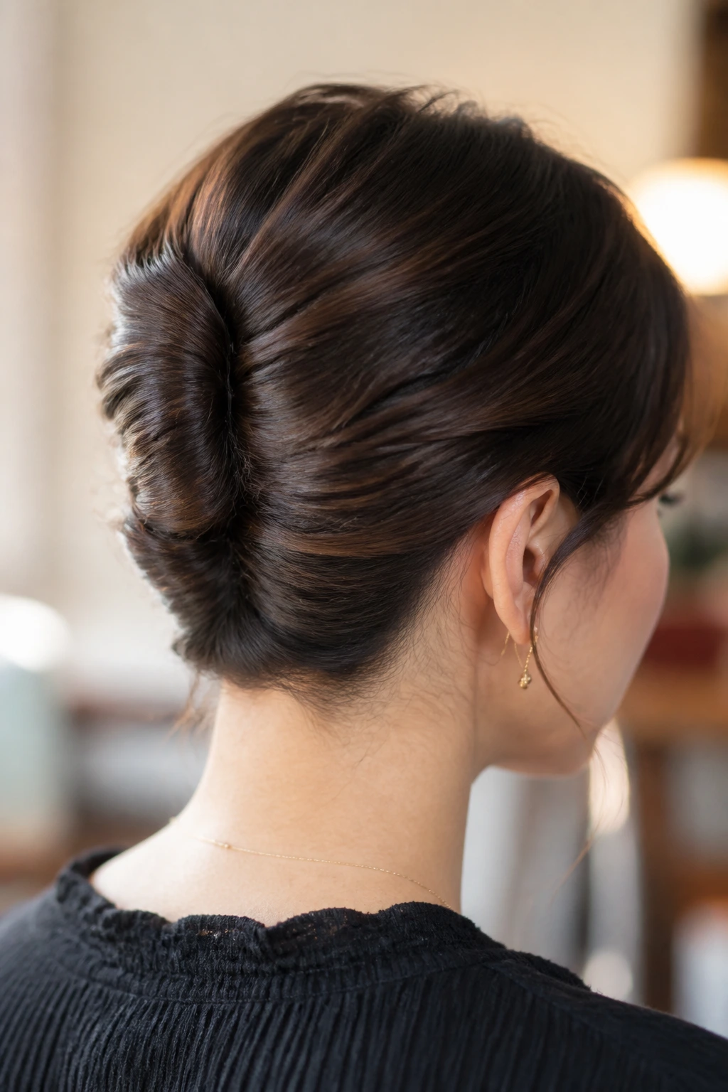 Close-up of a real person showing a mini French twist at the nape