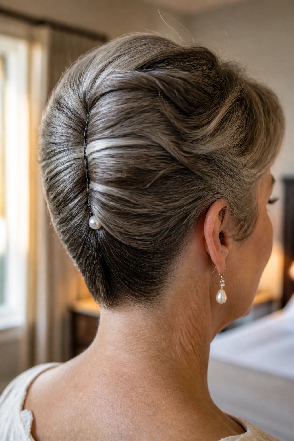 Close-up of a real woman with a mini French twist at the nape