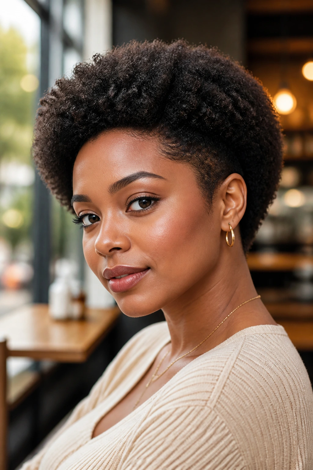 Close-up of a real woman with a mini fro bob and tapered temples in warm daylight