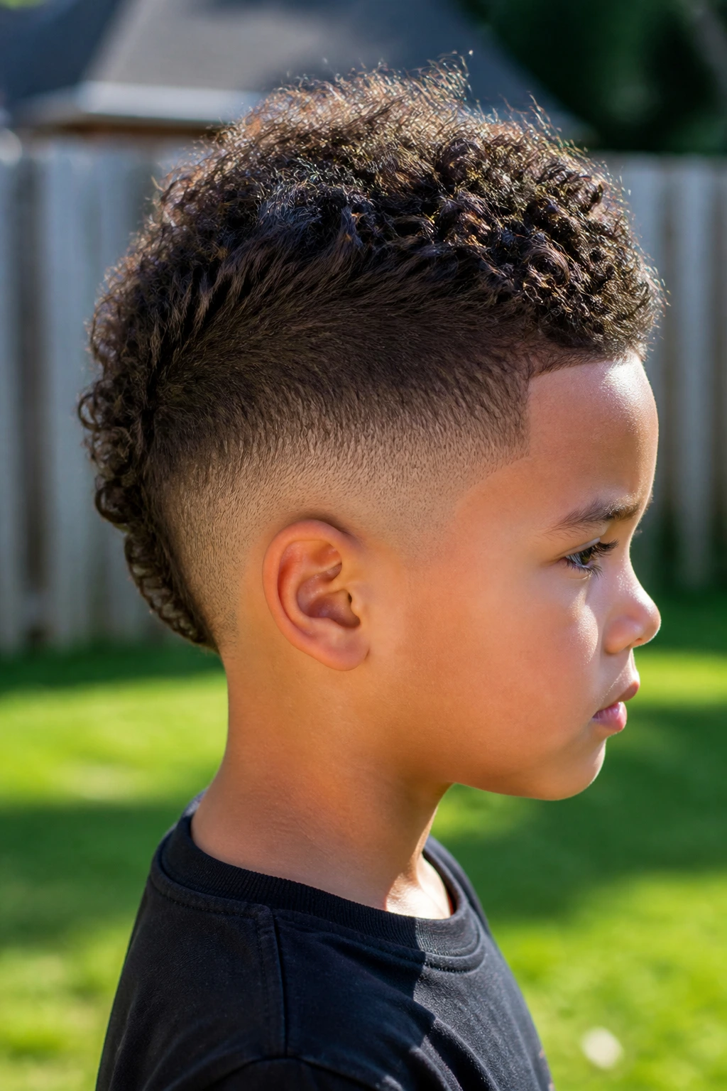 Close-up of a real child with mini frohawk and low taper fade