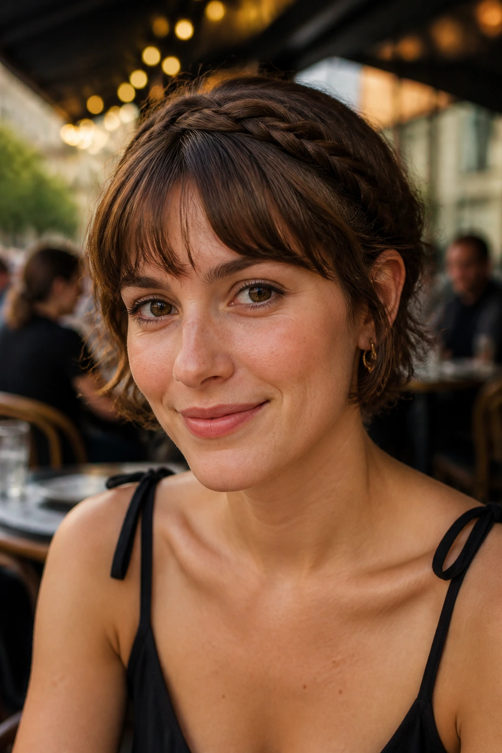 Close-up portrait of a real woman with a mini halo braid along the hairline