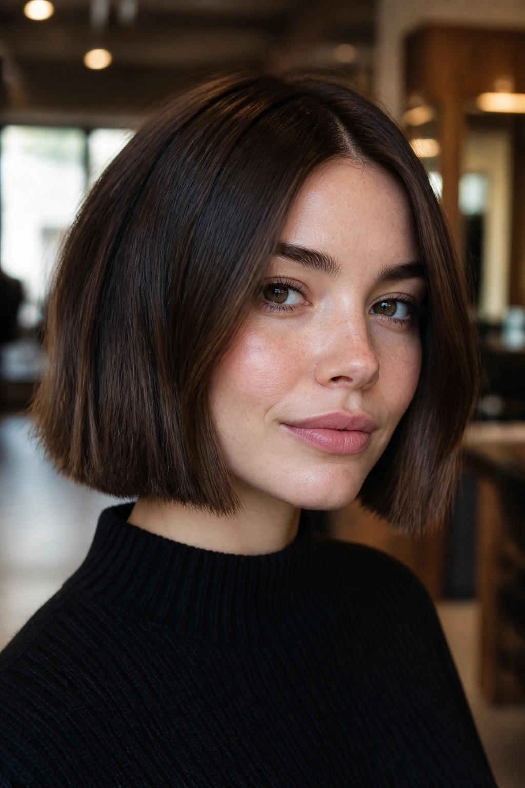 Close-up portrait of a real person with a mini lob with blunt ends, crisp edge