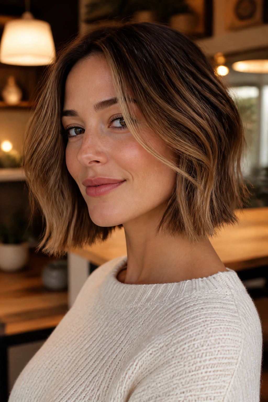 Close-up of a real woman with a mini lob and caramel veil highlights.