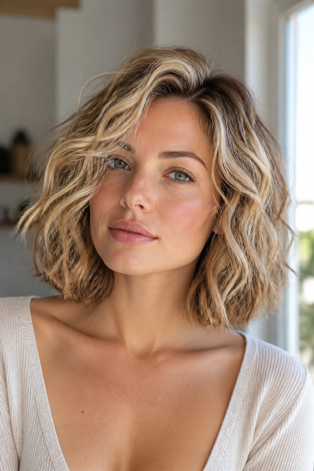 Portrait of a real person with a collarbone-kissing mini lob and soft bend