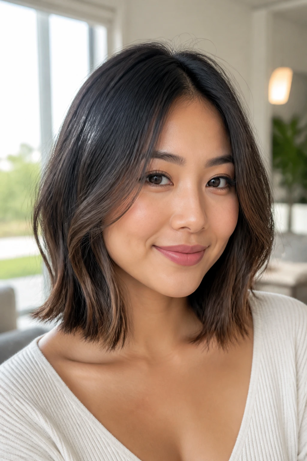 Close-up portrait of a real woman with a mini lob and face-framing slices